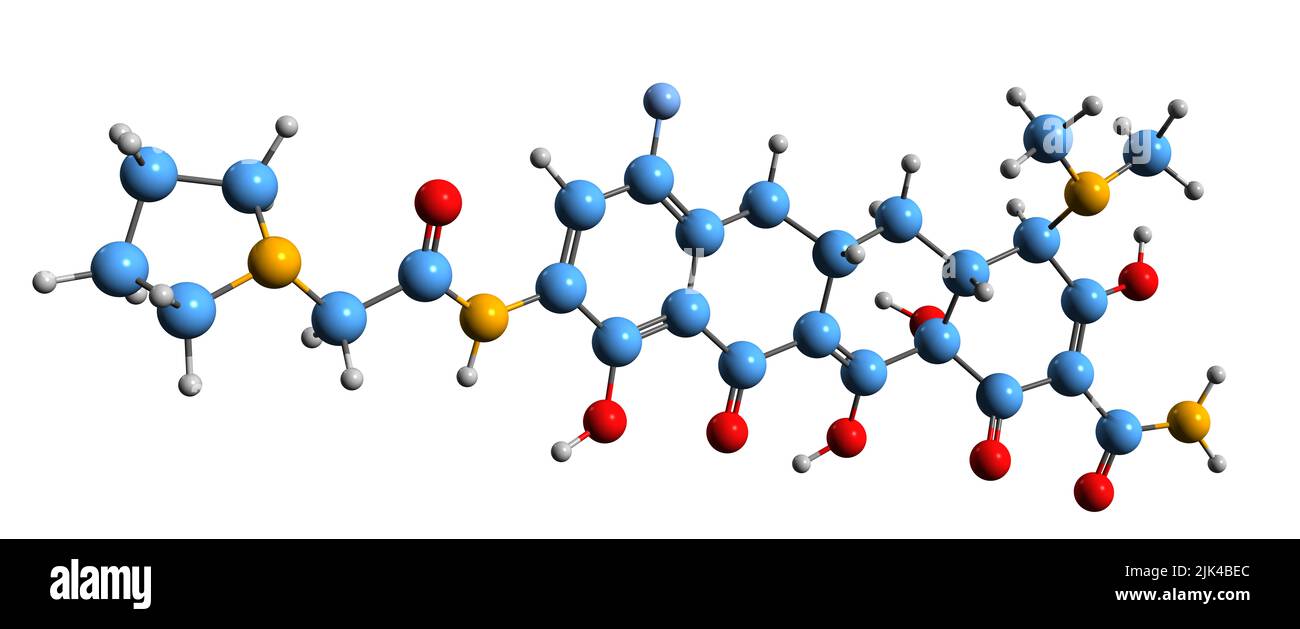 3D Bild der Skelettformel von Eravacyclin - molekulare chemische Struktur von synthetischem halogeniertem Tetracyclin auf weißem Hintergrund isoliert Stockfoto