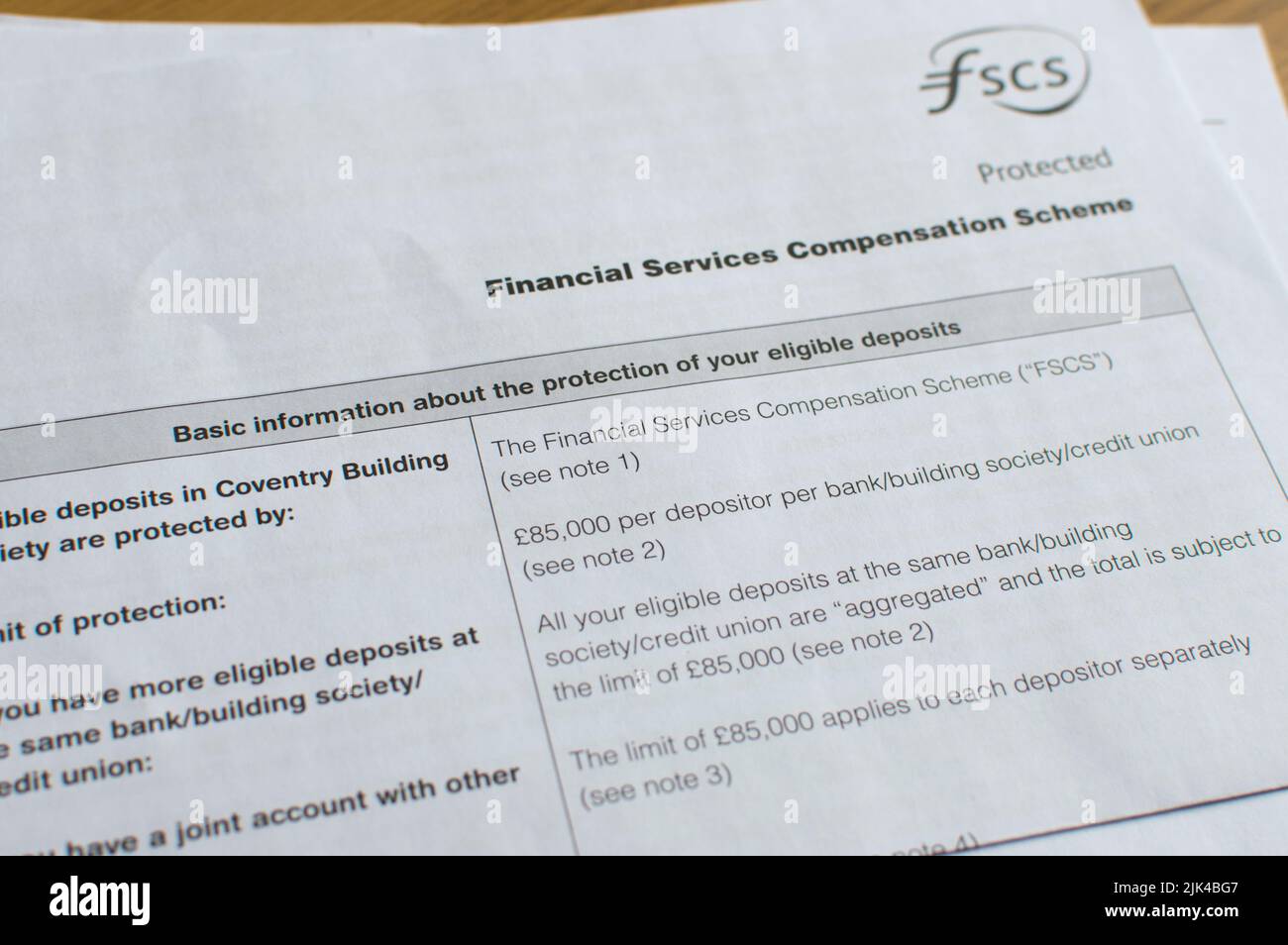 Schreiben ZUM FSCS Financial Services Compensation Scheme Stockfoto