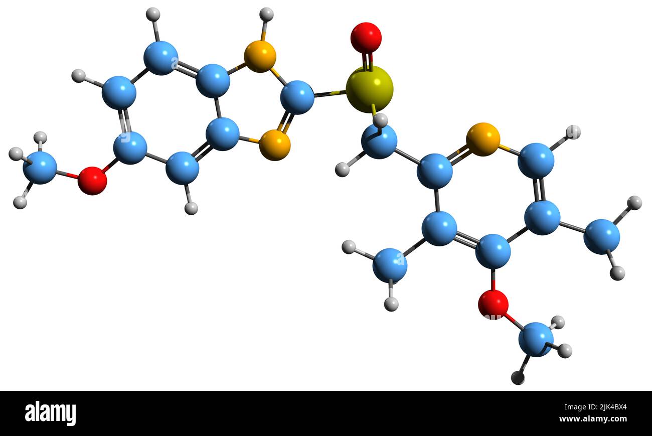 3D Bild von Esomeprazol-Skelettformel - molekularchemische Struktur des Protonenpumpeninhibitors auf weißem Hintergrund isoliert Stockfoto