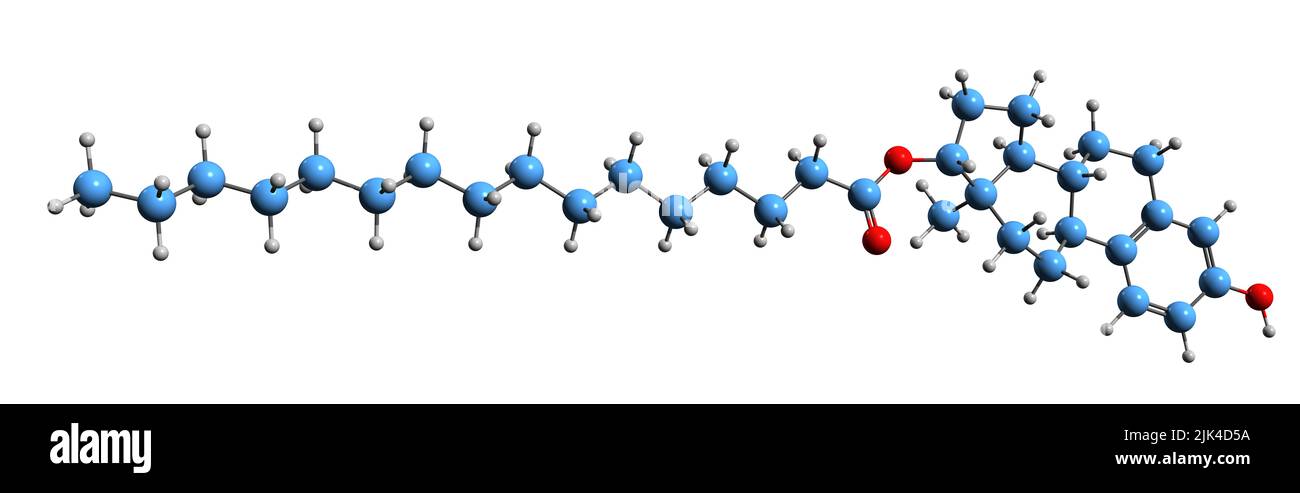 3D Bild der Skelettformel des Estradiol-Palmitats - molekulare chemische Struktur des steroidalen Östrogens, isoliert auf weißem Hintergrund Stockfoto