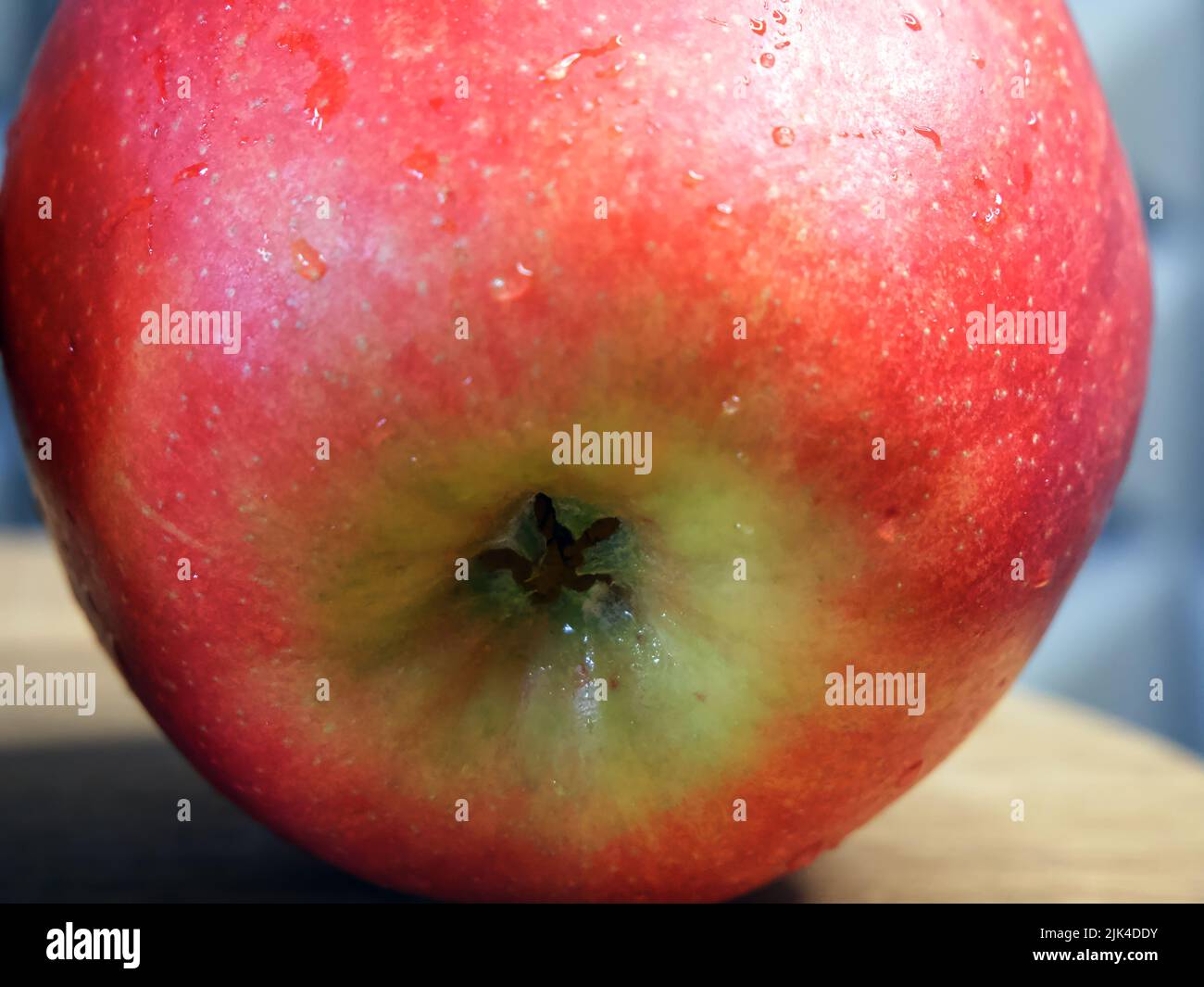 Ein großer roter Apfel auf einer hölzernen Oberfläche, eine Nahaufnahme. Stockfoto