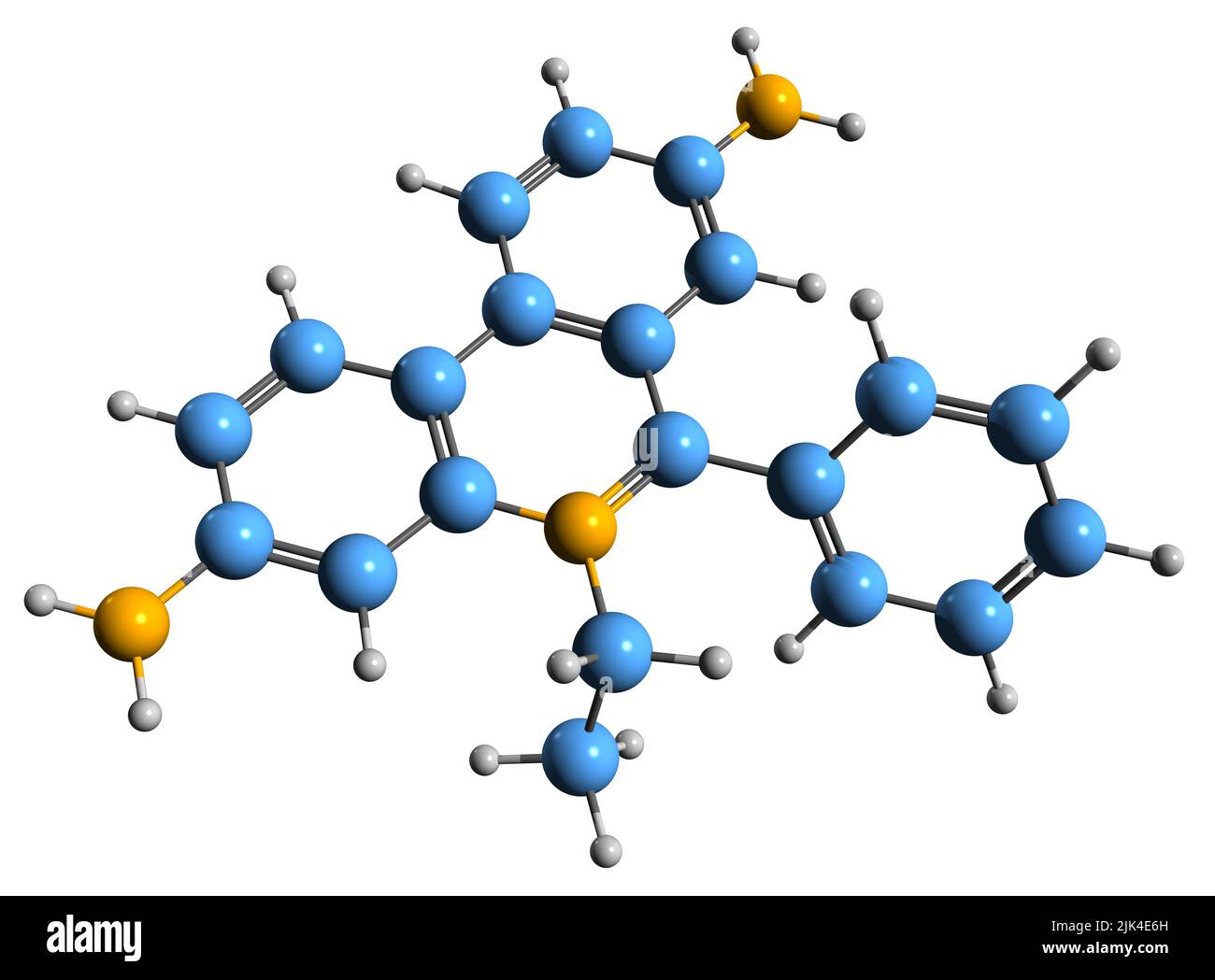 3D Bild der Skelettformel von Ethidiumbromid - molekularchemische Struktur des auf weißem Hintergrund isolierten interkalierenden mittels Stockfoto