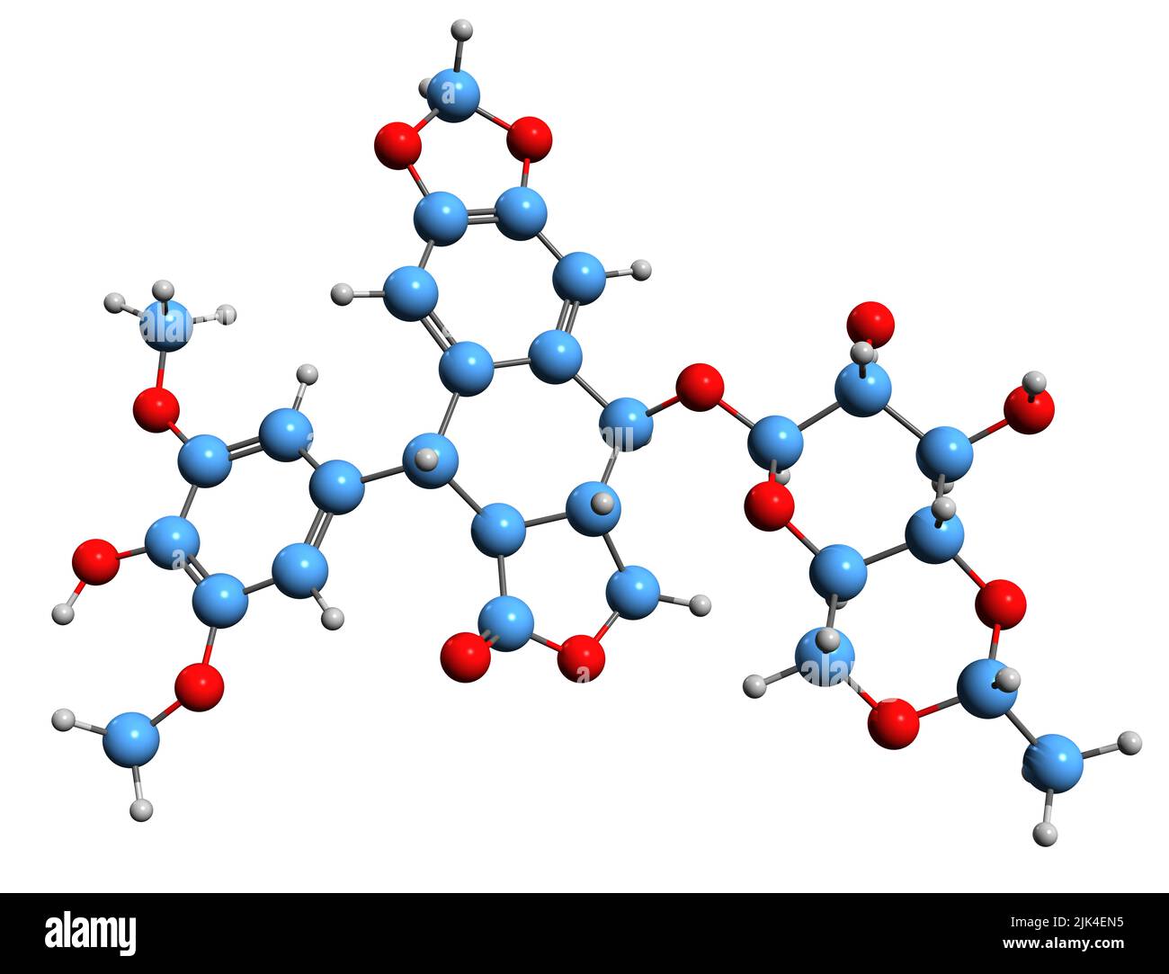 3D Bild der Etoposid-Skelettformel - molekularchemische Struktur von Chemotherapeutika isoliert auf weißem Hintergrund Stockfoto