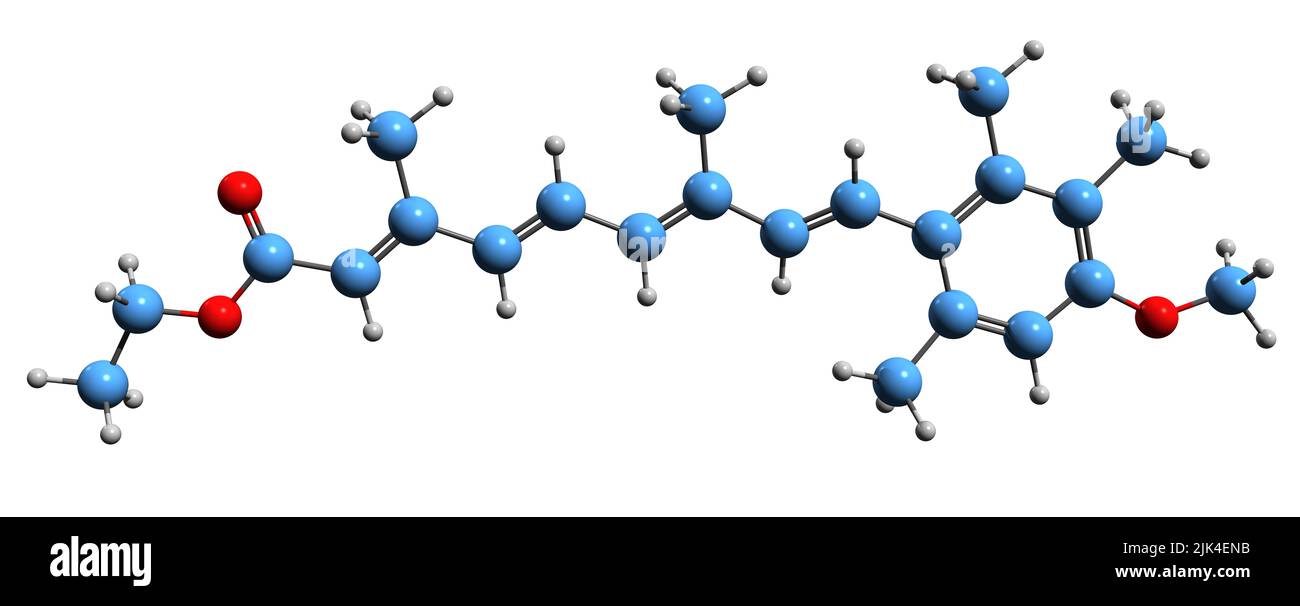 3D Bild der Etretinat-Skelettformel - molekularchemische Struktur von Psoriasis-Medikamenten isoliert auf weißem Hintergrund Stockfoto