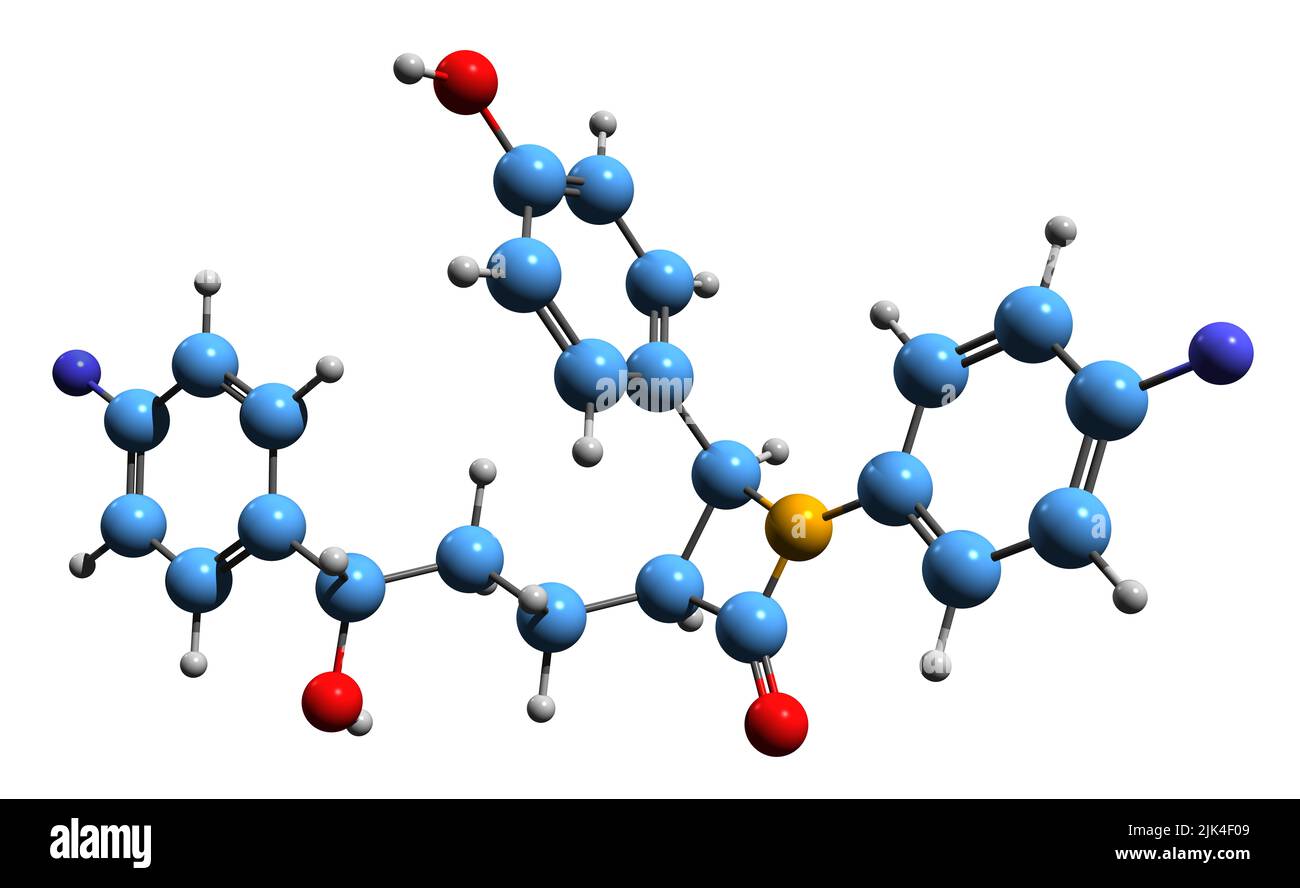 3D Bild der Skelettformel von Ezetimibe - molekulare chemische Struktur von Medikamenten mit hohem Cholesterinspiegel, isoliert auf weißem Hintergrund Stockfoto