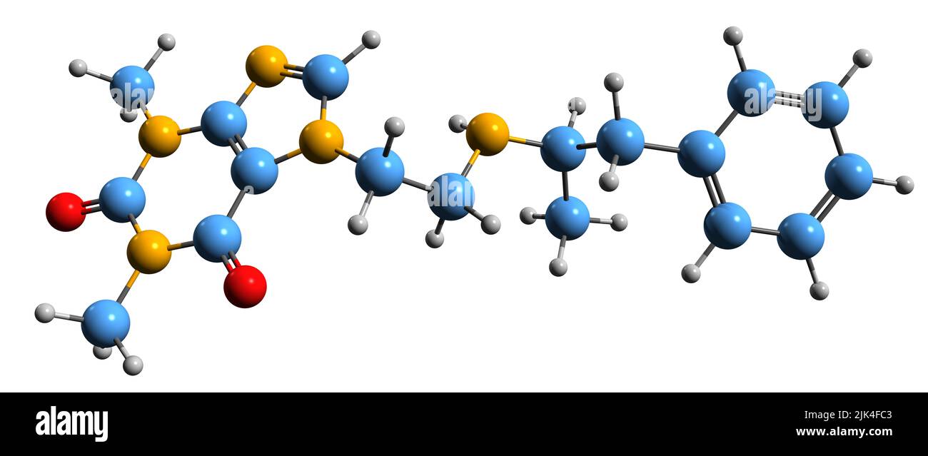 3D Bild der Fenethyllin-Skelettformel - molekularchemische Struktur des Kodruges von Amphetamin, isoliert auf weißem Hintergrund Stockfoto