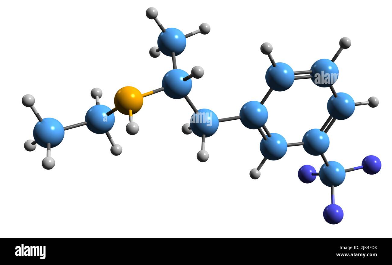 3D Bild der Skelettformel Fenfluramin - molekularchemische Struktur serotonerger Medikamente isoliert auf weißem Hintergrund Stockfoto