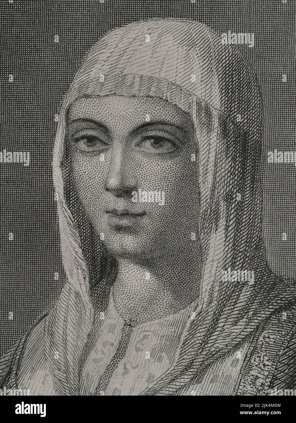 Isabella I. (1451-1504). Königin von Kastilien (1474-1504). Königin Gemahlin von Aragon für ihre Ehe mit Ferdinand II. Von Aragon. Hochformat. Gravur von Geoffroy. Details. Historia Universal, von César Cantú. Band IV, 1856. Stockfoto