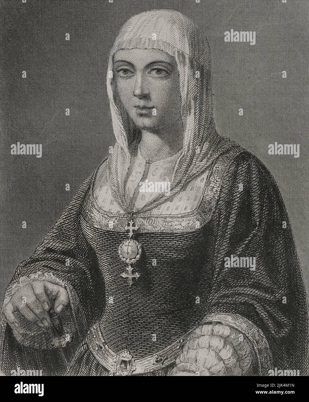 Isabella I. (1451-1504). Königin von Kastilien (1474-1504). Königin Gemahlin von Aragon für ihre Ehe mit Ferdinand II. Von Aragon. Hochformat. Gravur von Geoffroy. Historia Universal, von César Cantú. Band IV, 1856. Stockfoto
