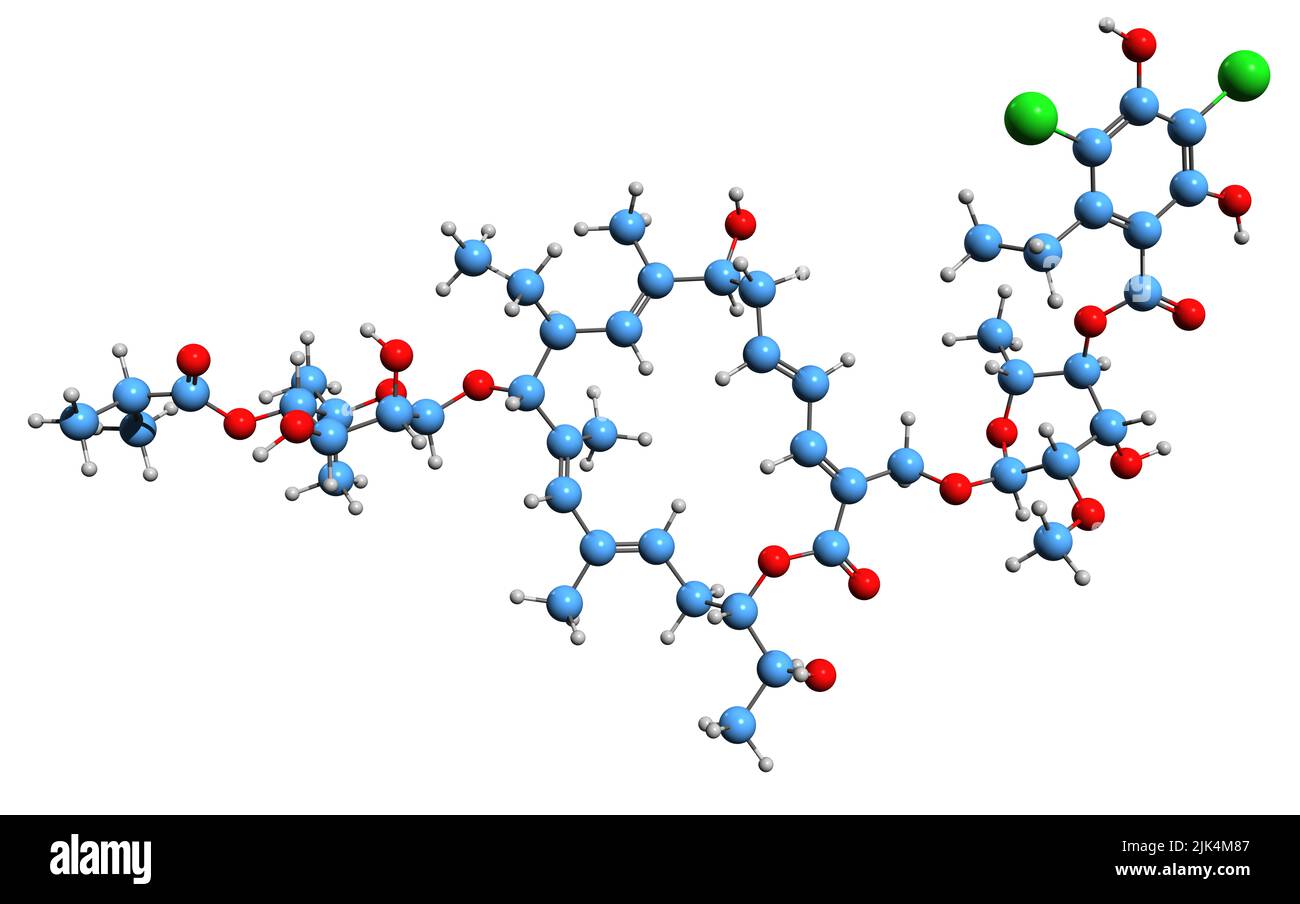 3D Bild der Skelettformel von Fidaxomicin - molekulare chemische Struktur des makrozyklischen Antibiotikums, isoliert auf weißem Hintergrund Stockfoto