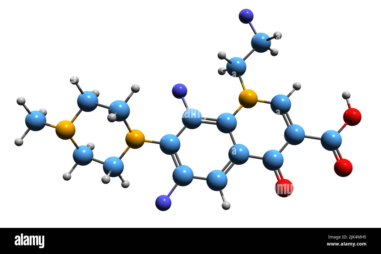3D Bild der Skelettformel von Fleroxacin - molekulare chemische Struktur des Chinolon-Antibiotikums, isoliert auf weißem Hintergrund Stockfoto