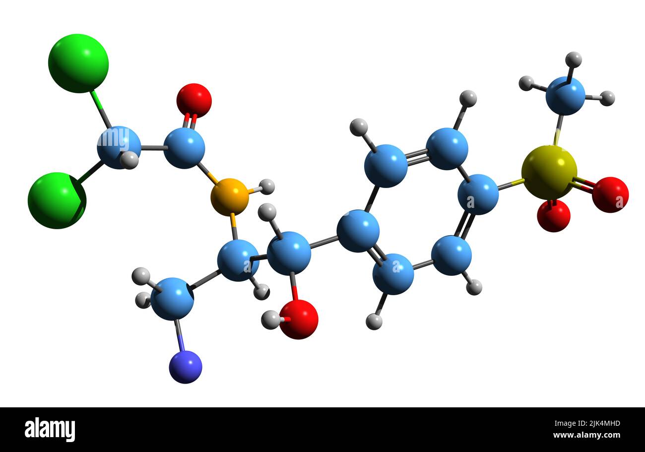 3D Bild der Skelettformel von Florfenicol - molekulare chemische Struktur des synthetischen Analogon von Thiamphenicol auf weißem Hintergrund isoliert Stockfoto