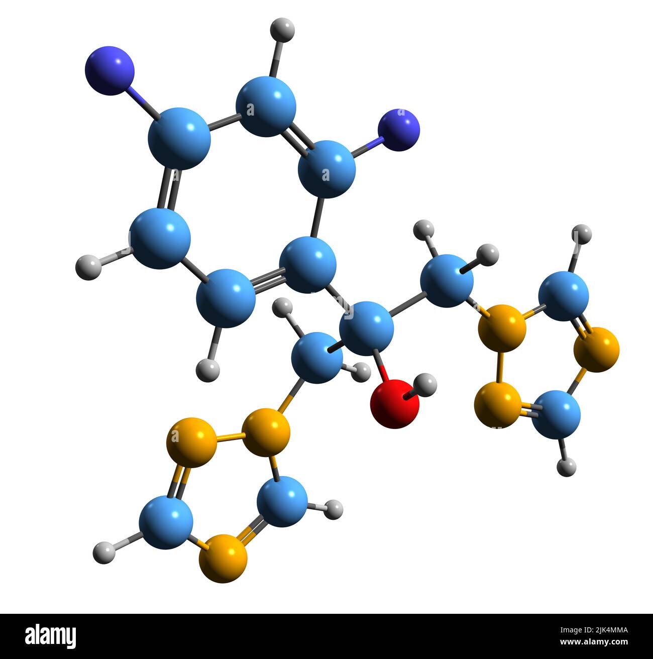3D Bild der Skelettformel von Fluconazol - molekularchemische Struktur von Antimykotika isoliert auf weißem Hintergrund Stockfoto