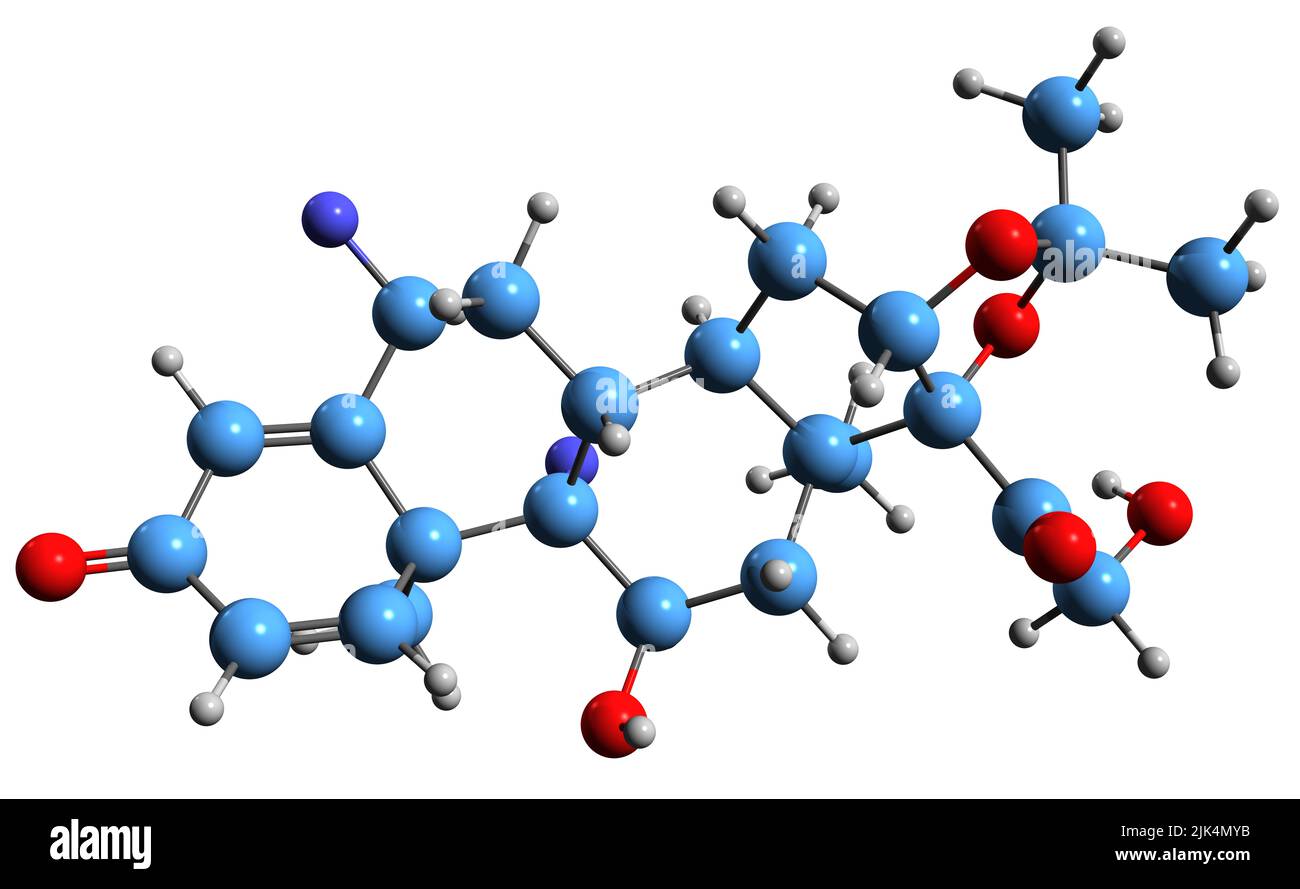 3D Bild der Skelettformel von Fluocinolon acetonid - molekularchemische Struktur eines synthetischen Hydrocortisonderivats, das auf weißem Backgroun isoliert ist Stockfoto