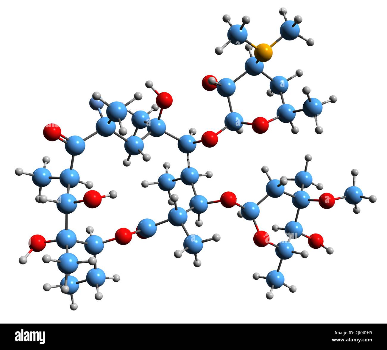 3D Bild der Skelettformel von Flurithromycin - molekulare chemische Struktur des Makrolid-Antibiotikums, isoliert auf weißem Hintergrund Stockfoto