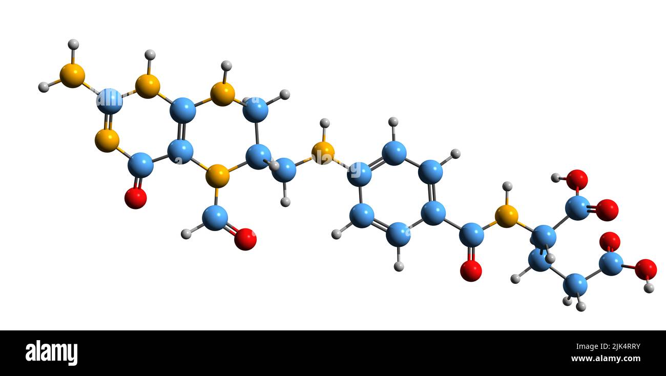 3D Abbildung der Skelettformel der Folinsäure - molekulare chemische Struktur von Leucovorin isoliert auf weißem Hintergrund Stockfoto
