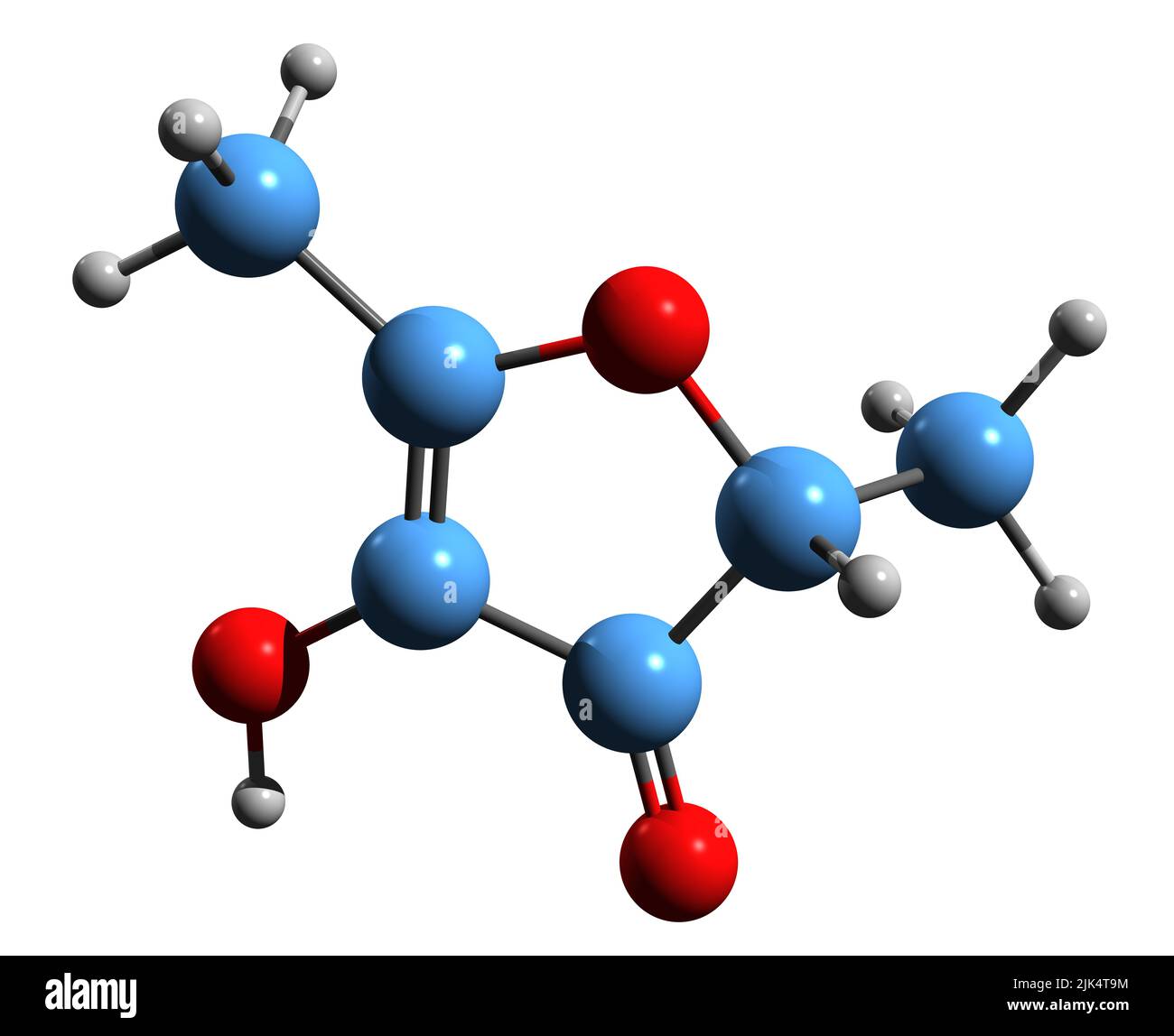 3D Bild der Furaneol-Skelettformel - molekularchemische Struktur von Erdbeerfuranon isoliert auf weißem Hintergrund Stockfoto