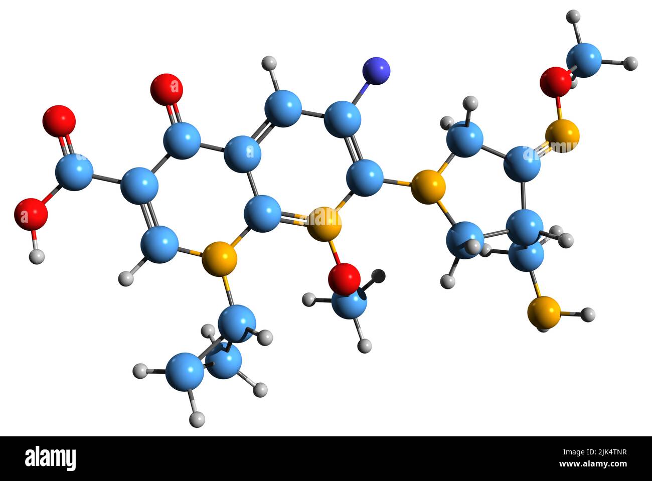 3D Bild der Gemifloxacin-Skelettformel - molekulare chemische Struktur von Gemifloxacin-Mesylat auf weißem Hintergrund isoliert Stockfoto