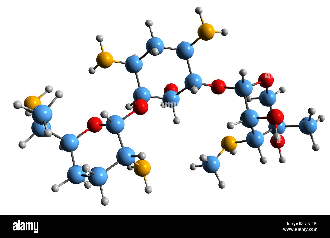 3D Bild der Gentamicin-Skelettformel - molekulare chemische Struktur des Aminoglykosid-Antibiotikums, isoliert auf weißem Hintergrund Stockfoto