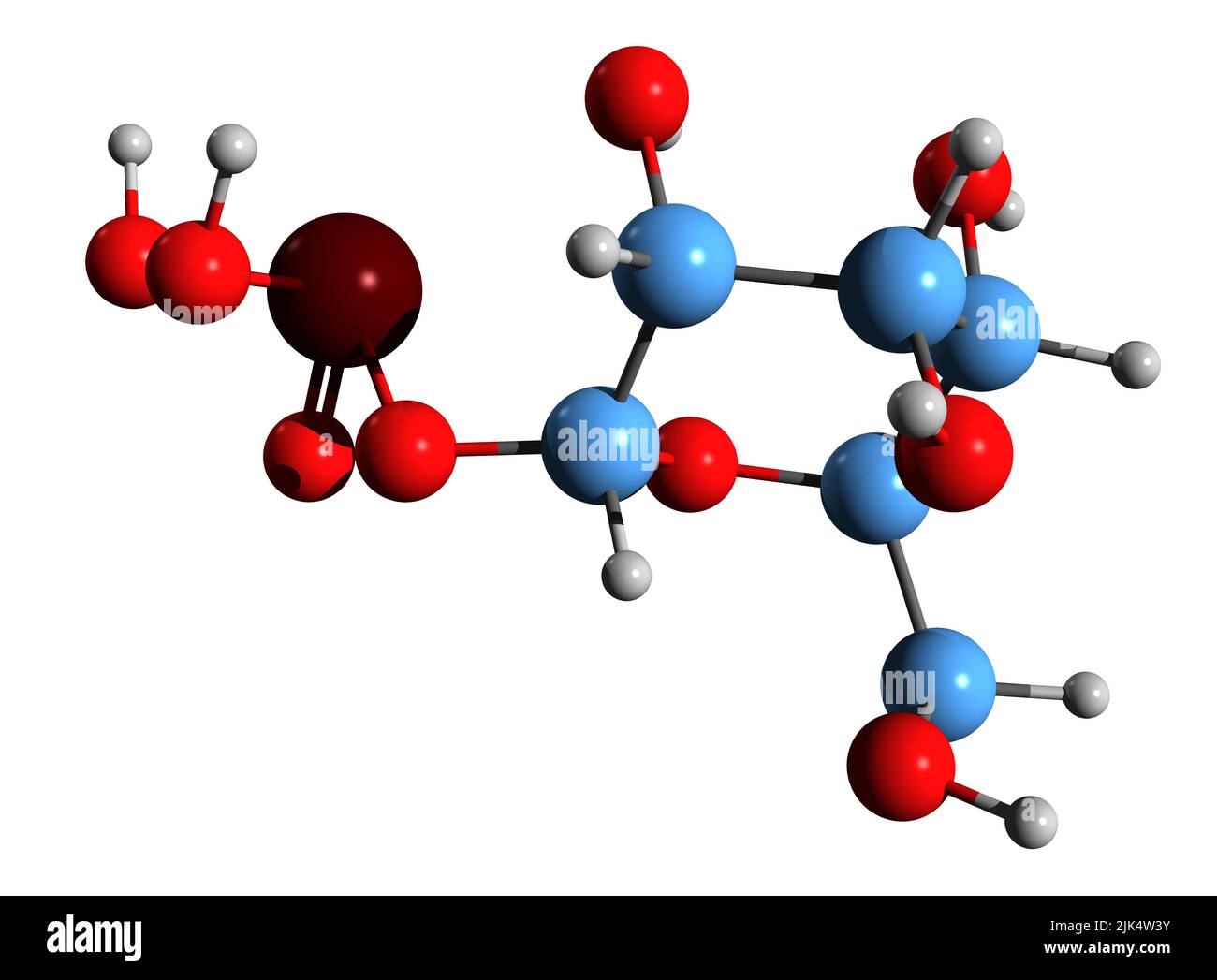3D Bild der Skelettformel von Glucose 1-Phosphat - molekulare chemische Struktur von isoliert auf weißem Hintergrund Stockfoto