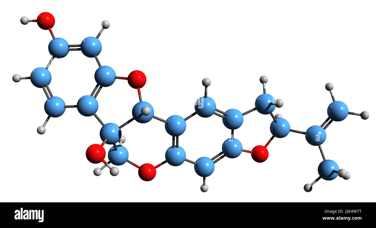 3D Aufnahme der Skelettformel von Glyceollin III - molekularchemische Struktur von Glyceollin isoliert auf weißem Hintergrund Stockfoto