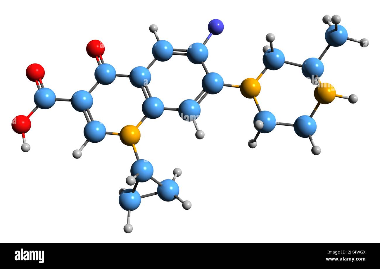 3D Bild der Skelettformel von Grepafloxacin - molekulare chemische Struktur des antibakteriellen Fluorchinolon-mittels, isoliert auf weißem Hintergrund Stockfoto