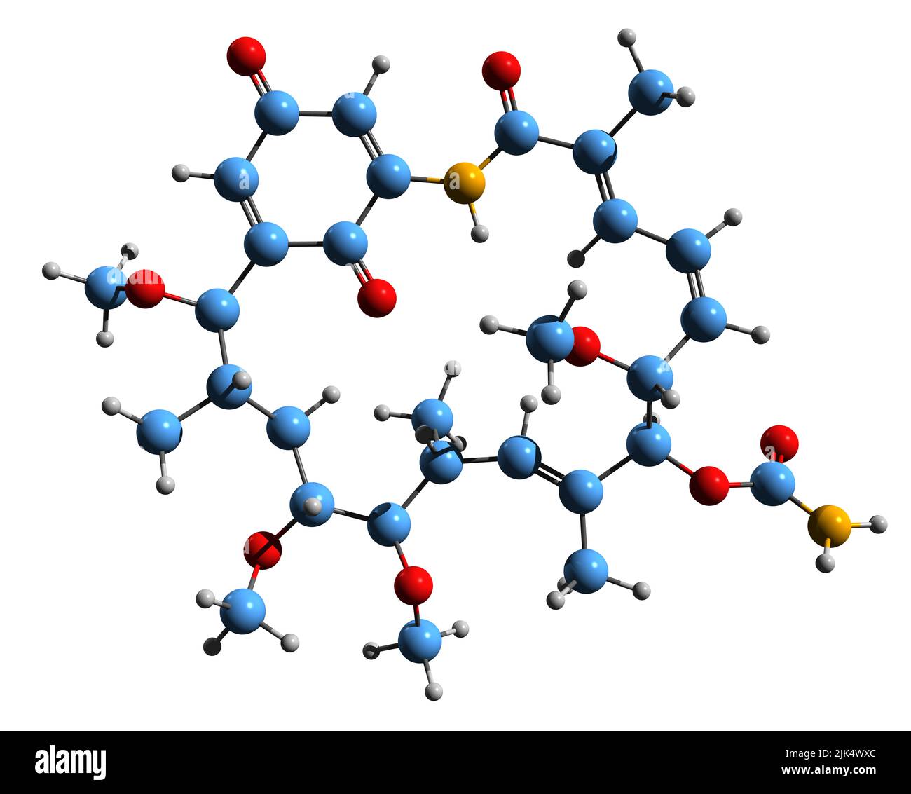 3D Bild der Herbimycin-Skelettformel - molekulare chemische Struktur des Benzochinon-Ansamycin-Antibiotikums, isoliert auf weißem Hintergrund Stockfoto