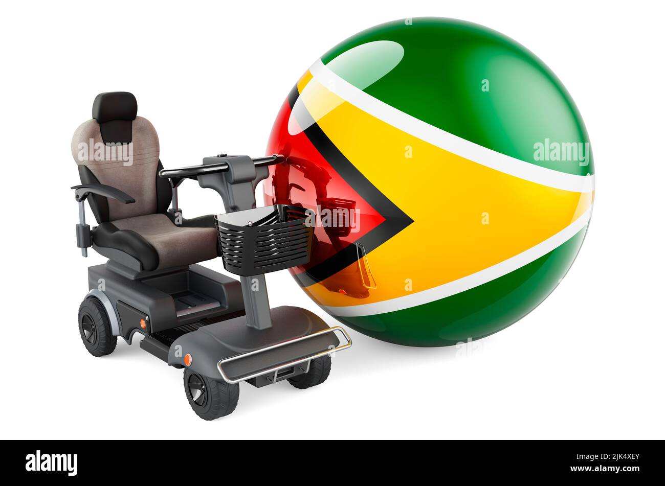 Guyanische Flagge mit Indoor-Powersessel oder elektrischem Rollstuhl, 3D Rendering isoliert auf weißem Hintergrund Stockfoto