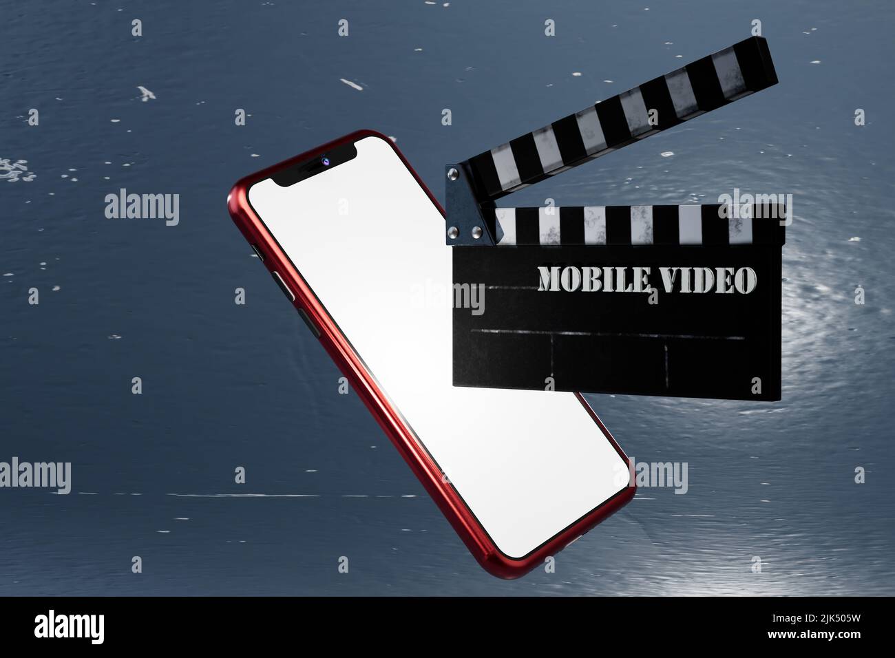 Moderne Technologien sehen Filme auf dem Smartphone. Mobiles Kino. Ein großes weißes Smartphone und ein Schild mit der Aufschrift mobiles Kino 3D Stockfoto