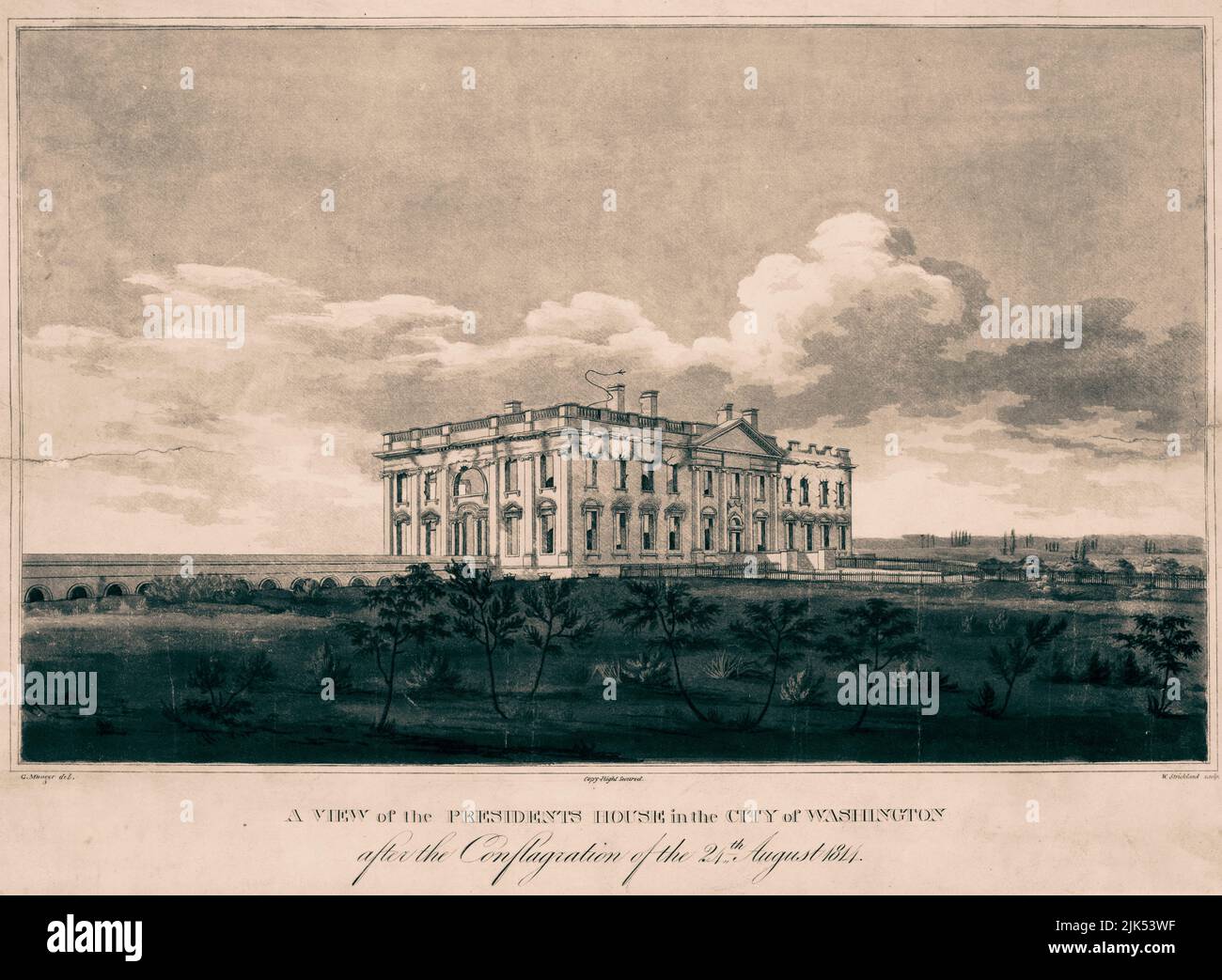 Ein Blick auf das Präsidentenhaus - das Weiße Haus - in der Stadt Washington nach dem Brand vom 24.. August 1814 . Das Bild zeigt einen Blick aus nordöstlicher Richtung auf das durch den Brand beschädigte Weiße Haus, ein Ergebnis des Krieges von 1812. Am 24. August 1814 führte der britische General Robert Ross seine Truppen nach Washington mit strikten Anweisungen, nur öffentliche Gebäude zu verbrennen. Am 25. August blies ein Tornado durch die Stadt und brachte sintflutartige Regenfälle, die sowohl Brände niedergeschlagen haben als auch den britischen Wunsch, weitere Maßnahmen in Washington zu ergreifen. George Munger Zeichnung. Stockfoto