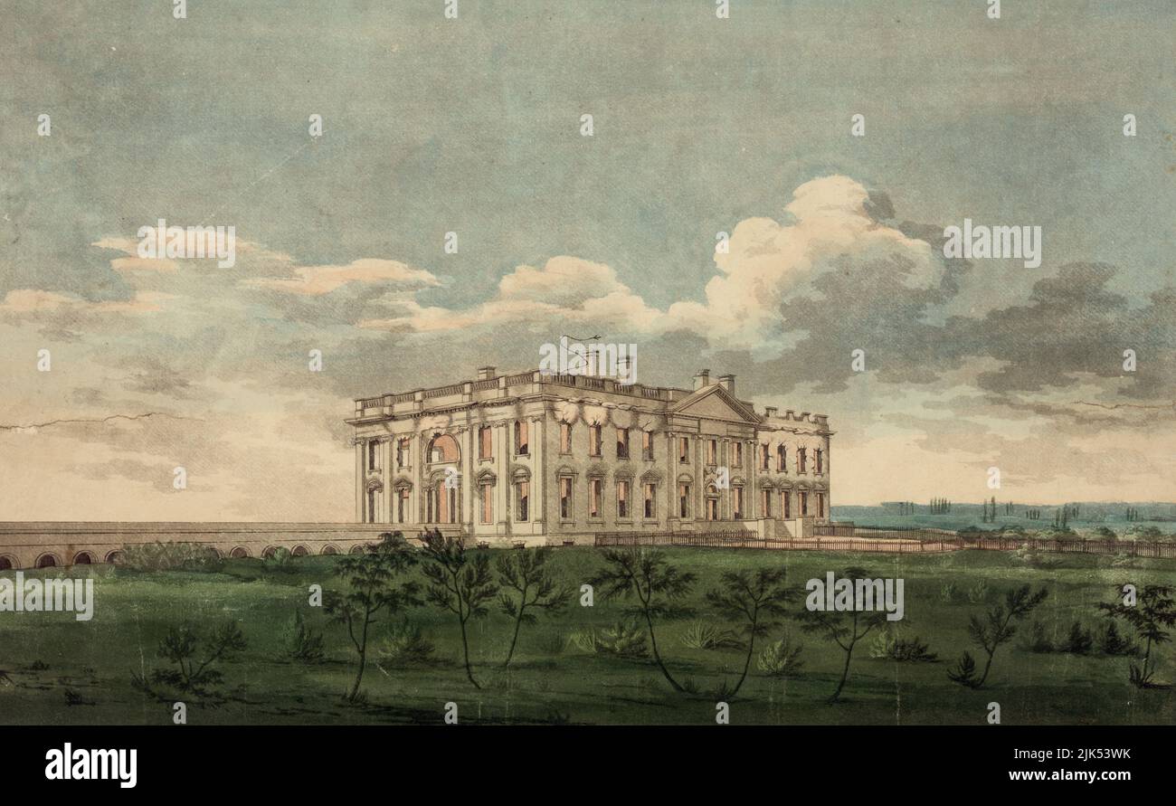 Ein Blick auf das Präsidentenhaus - das Weiße Haus - in der Stadt Washington nach dem Brand vom 24.. August 1814 . Das Bild zeigt einen Blick aus nordöstlicher Richtung auf das durch den Brand beschädigte Weiße Haus, ein Ergebnis des Krieges von 1812. Am 24. August 1814 führte der britische General Robert Ross seine Truppen nach Washington mit strikten Anweisungen, nur öffentliche Gebäude zu verbrennen. Am 25. August blies ein Tornado durch die Stadt und brachte sintflutartige Regenfälle, die sowohl Brände niedergeschlagen haben als auch den britischen Wunsch, weitere Maßnahmen in Washington zu ergreifen. George Munger Zeichnung. Stockfoto