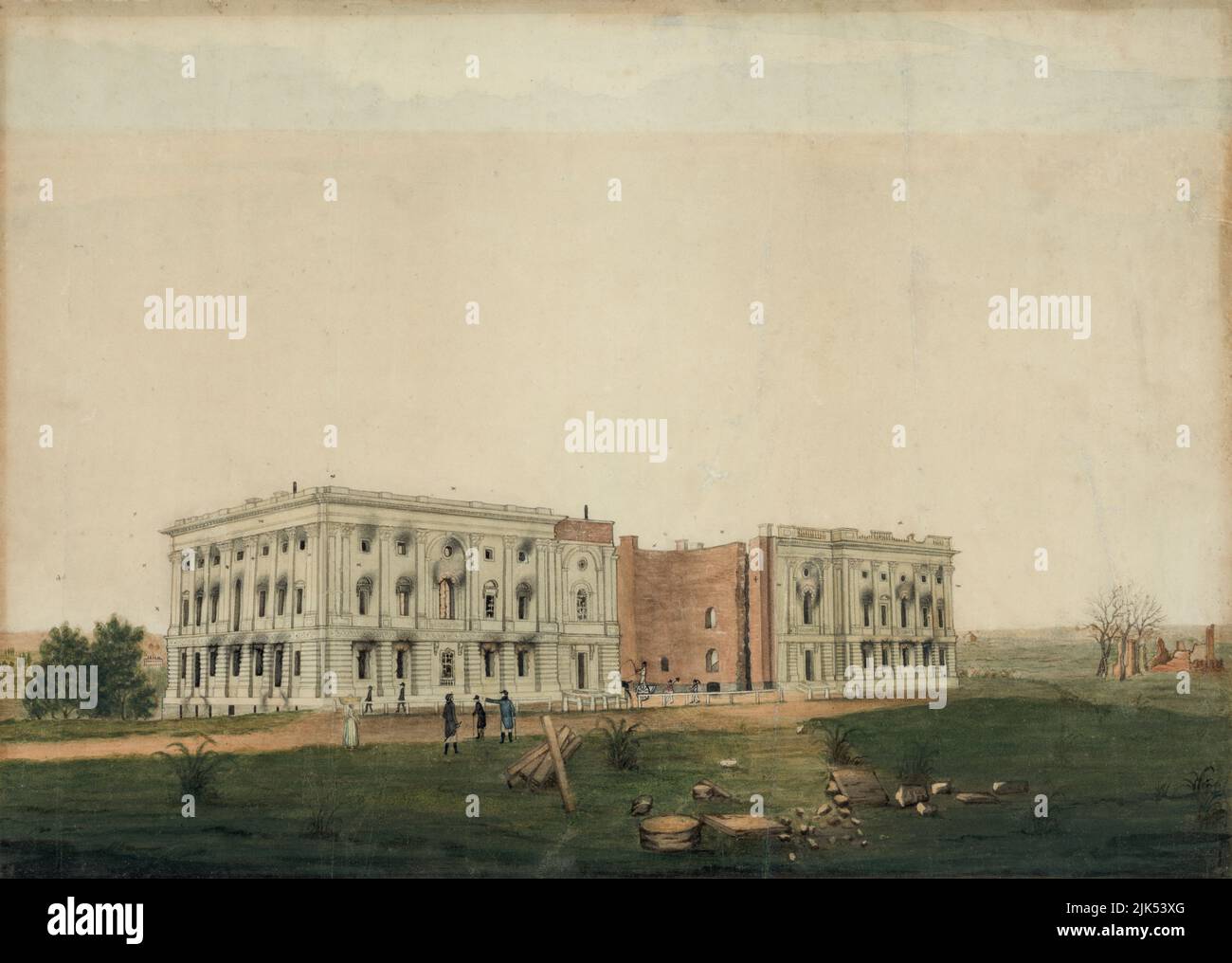 US-Kapitol nach der Verbrennung durch die Briten. Zeichnung zeigt die Ruinen des US-Kapitols nach britischen Versuchen, das Gebäude zu verbrennen; Dazu gehören Brandschäden an den Flügel des Senats und des Repräsentantenhauses, beschädigte Kolonnaden im Repräsentantenhaus, die mit Brennholz geschorene Säulen zur Verhinderung des Einsturzes aufweisen, und die Schale der Rotunde mit Fassade und Dach fehlt. George Munger Zeichnung. Stockfoto