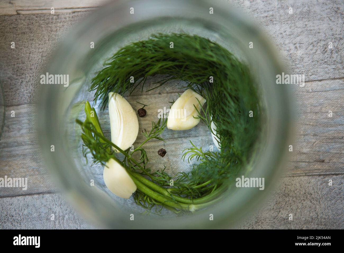 Der Prozess der Konservierung eingelegter Gurken für den Winter. Konservierung Gewürze: Dill, geschälten Knoblauch und Paprika Erbsen in Gläsern close-up. Stockfoto