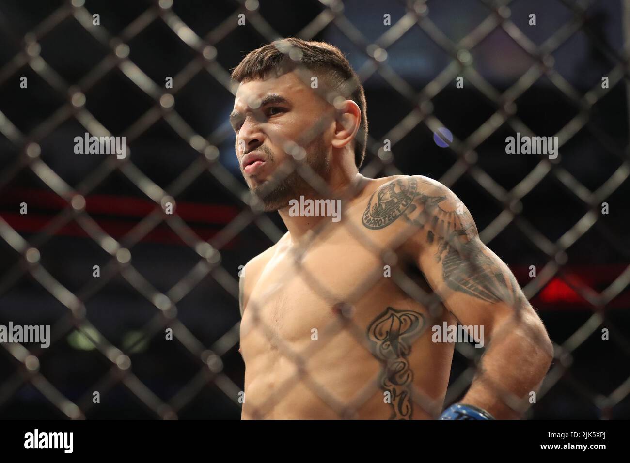 DALLAS, TX - 30. JULI: Alex Perez bereitet sich darauf vor, Alexandre Pantoja in ihrem Flyweight-Kampf während des UFC 277-Events im American Airlines Center am 30. Juli 2022 in Dallas, Texas, USA, zu bekämpfen. (Foto von Alejandro Salazar/PxImages) Credit: Px Images/Alamy Live News Stockfoto