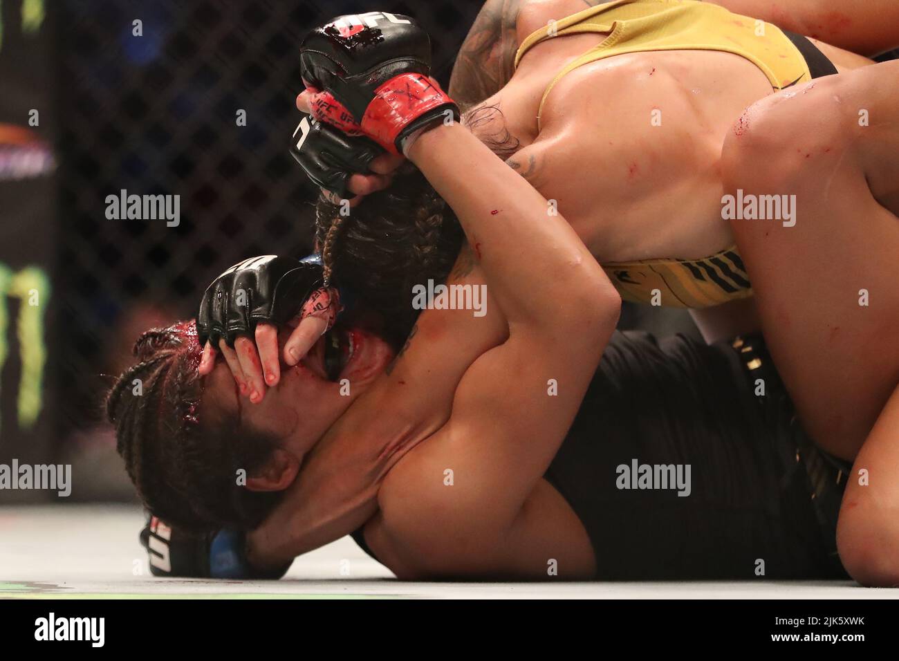 Dallas, Texas, Dallas, TX, USA. 30.. Juli 2022. DALLAS, TX - 30. JULI: Amanda Nunes (TOP) kämpft gegen Julianna PeÃ±A in ihrem Women Bantamweight Kampf während des UFC 277 Events im American Airlines Center am 30. Juli 2022 in Dallas, Texas, USA. (Bild: © Alejandro Salazar/PX Imagens via ZUMA Press Wire) Stockfoto