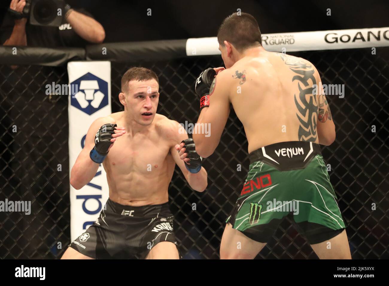 DALLAS, TX - 30. JULI: (L-R) Kai Kara-France kämpft gegen Brandon Moreno in ihrem Flyweight-Kampf während des UFC 277-Events im American Airlines Center am 30. Juli 2022 in Dallas, Texas, USA. (Foto von Alejandro Salazar/PxImages) Credit: Px Images/Alamy Live News Stockfoto