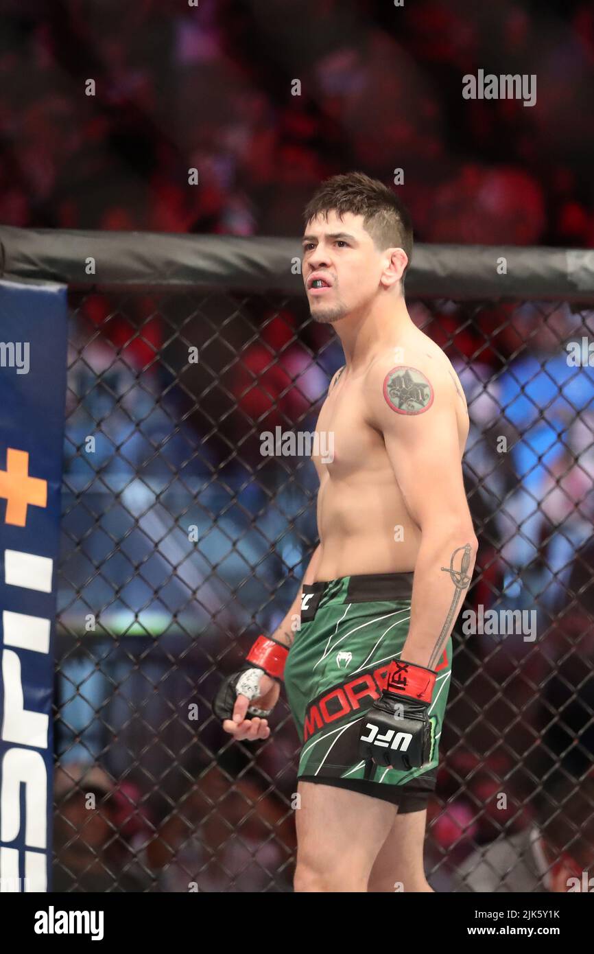 DALLAS, TX - 30. JULI: Brandon Moreno bereitet sich darauf vor, Kai Kara-France während des UFC 277-Events im American Airlines Center am 30. Juli 2022 in Dallas, Texas, USA, in ihrem Flyweight-Kampf zu bekämpfen. (Foto von Alejandro Salazar/PxImages) Credit: Px Images/Alamy Live News Stockfoto