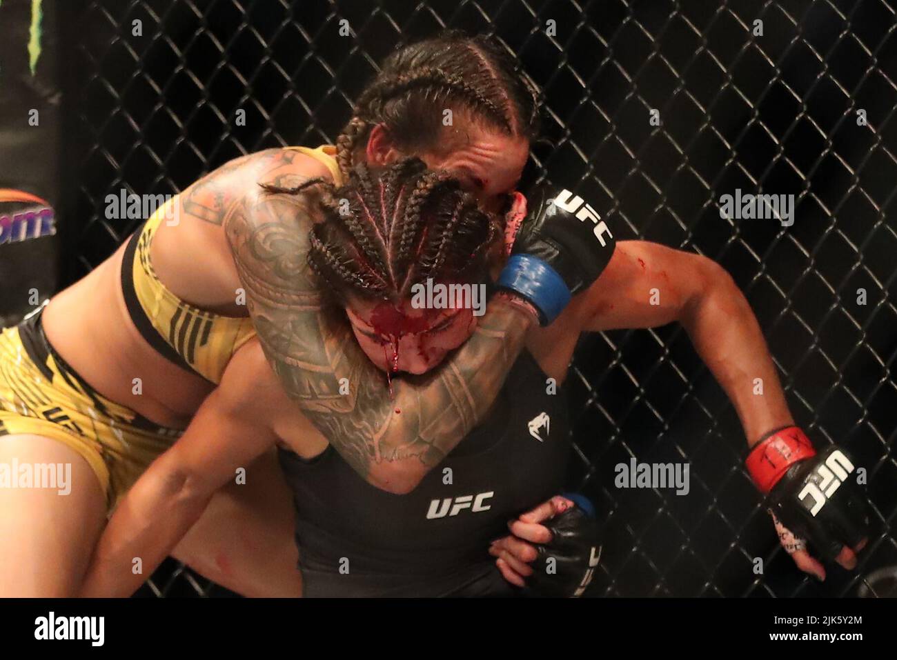 Dallas, Texas, Dallas, TX, USA. 30.. Juli 2022. DALLAS, TX - 30. JULI: (L-R) Amanda Nunes kontrolliert den Körper von Julianna PeÃ±A bei ihrem Women Bantamweight Kampf während der UFC 277 Veranstaltung im American Airlines Center am 30. Juli 2022 in Dallas, Texas, USA. (Bild: © Alejandro Salazar/PX Imagens via ZUMA Press Wire) Stockfoto