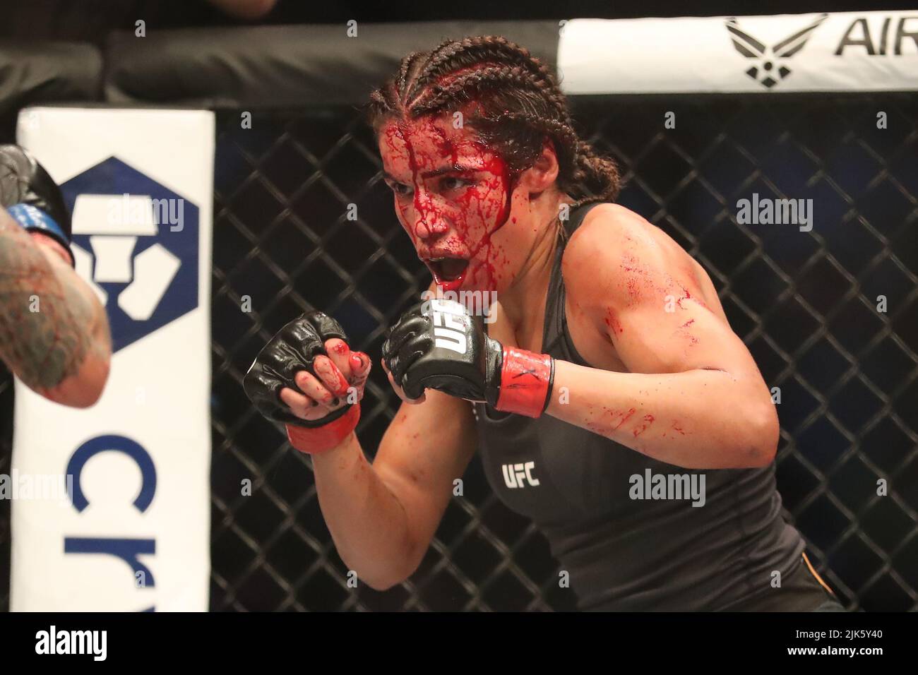 Dallas, Texas, Dallas, TX, USA. 30.. Juli 2022. DALLAS, TX - JULI 30: Julianna PeÃ±A kämpft gegen Amanda Nunes in ihrem Women Bantamweight Kampf während des UFC 277 Events im American Airlines Center am 30. Juli 2022 in Dallas, Texas, USA. (Bild: © Alejandro Salazar/PX Imagens via ZUMA Press Wire) Stockfoto