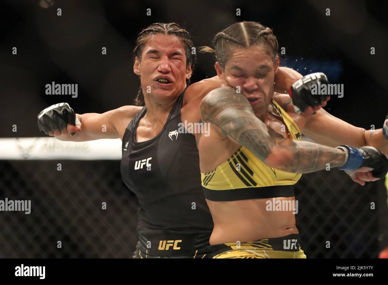 DALLAS, TX - 30. JULI: (L-R) Amanda Nunes kämpft gegen Julianna Peña bei ihrem Women Bantamweight Kampf während des UFC 277 Events im American Airlines Center am 30. Juli 2022 in Dallas, Texas, USA. (Foto von Alejandro Salazar/PxImages) Credit: Px Images/Alamy Live News Stockfoto