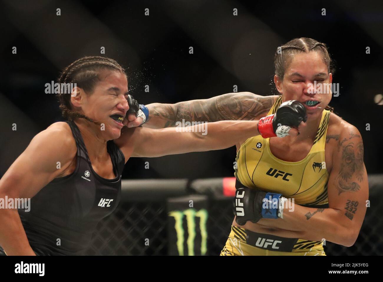 Dallas, Texas, Dallas, TX, USA. 30.. Juli 2022. DALLAS, TX - 30. JULI: (L-R) Julianna PeÃ±A und Amanda Nunes tauschen sich während der UFC 277-Veranstaltung im American Airlines Center am 30. Juli 2022 in Dallas, Texas, USA, gegen ihre Frauen-Bantamweight-Schläge aus. (Bild: © Alejandro Salazar/PX Imagens via ZUMA Press Wire) Stockfoto