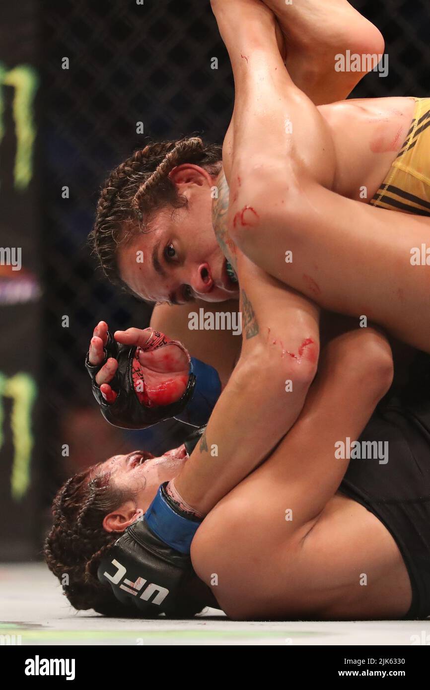 Dallas, Texas, Dallas, TX, USA. 30.. Juli 2022. DALLAS, TX - 30. JULI: Amanda Nunes (TOP) kämpft gegen Julianna PeÃ±A in ihrem Women Bantamweight Kampf während des UFC 277 Events im American Airlines Center am 30. Juli 2022 in Dallas, Texas, USA. (Bild: © Alejandro Salazar/PX Imagens via ZUMA Press Wire) Stockfoto