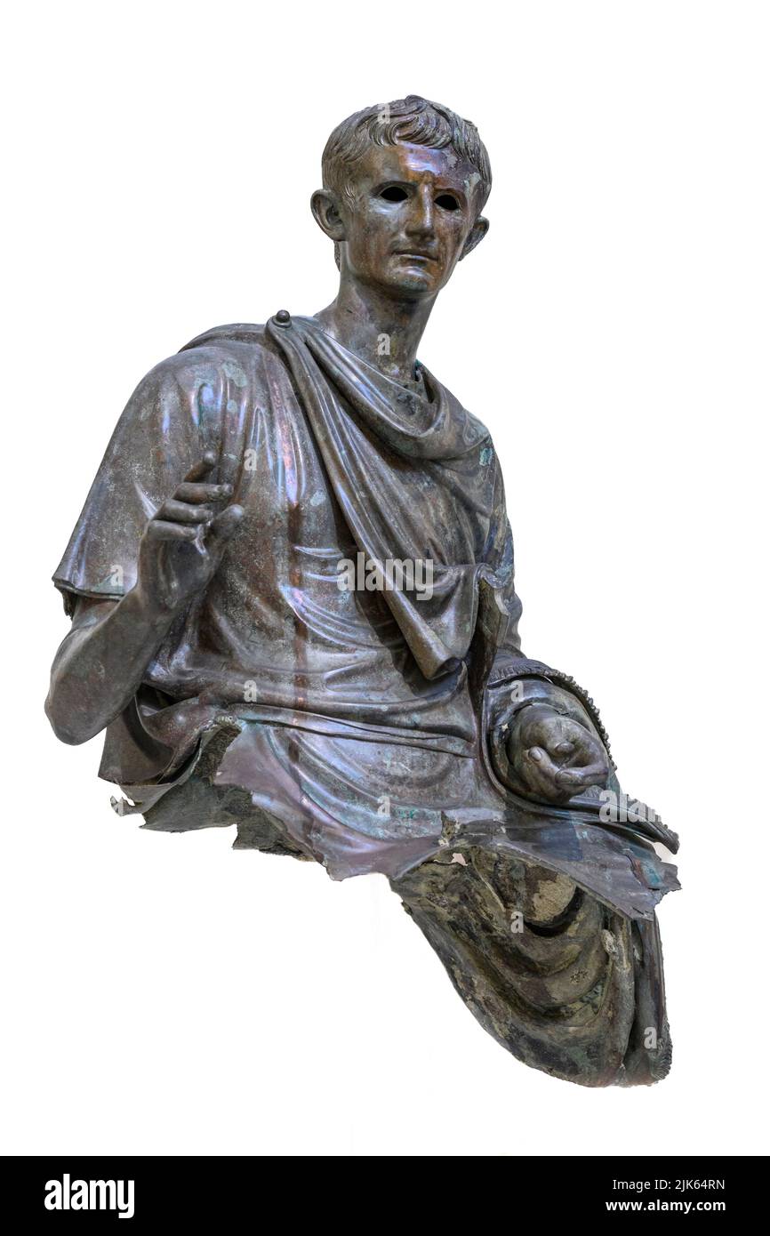 Bronzestatue von Kaiser Augustus, erster Kaiser von Rom, regierte 27 v. Chr. - AD 14. Gefunden in der Ägäis in der Nähe von Euboea, um 12-10 v. Chr.. In der Nationa Stockfoto