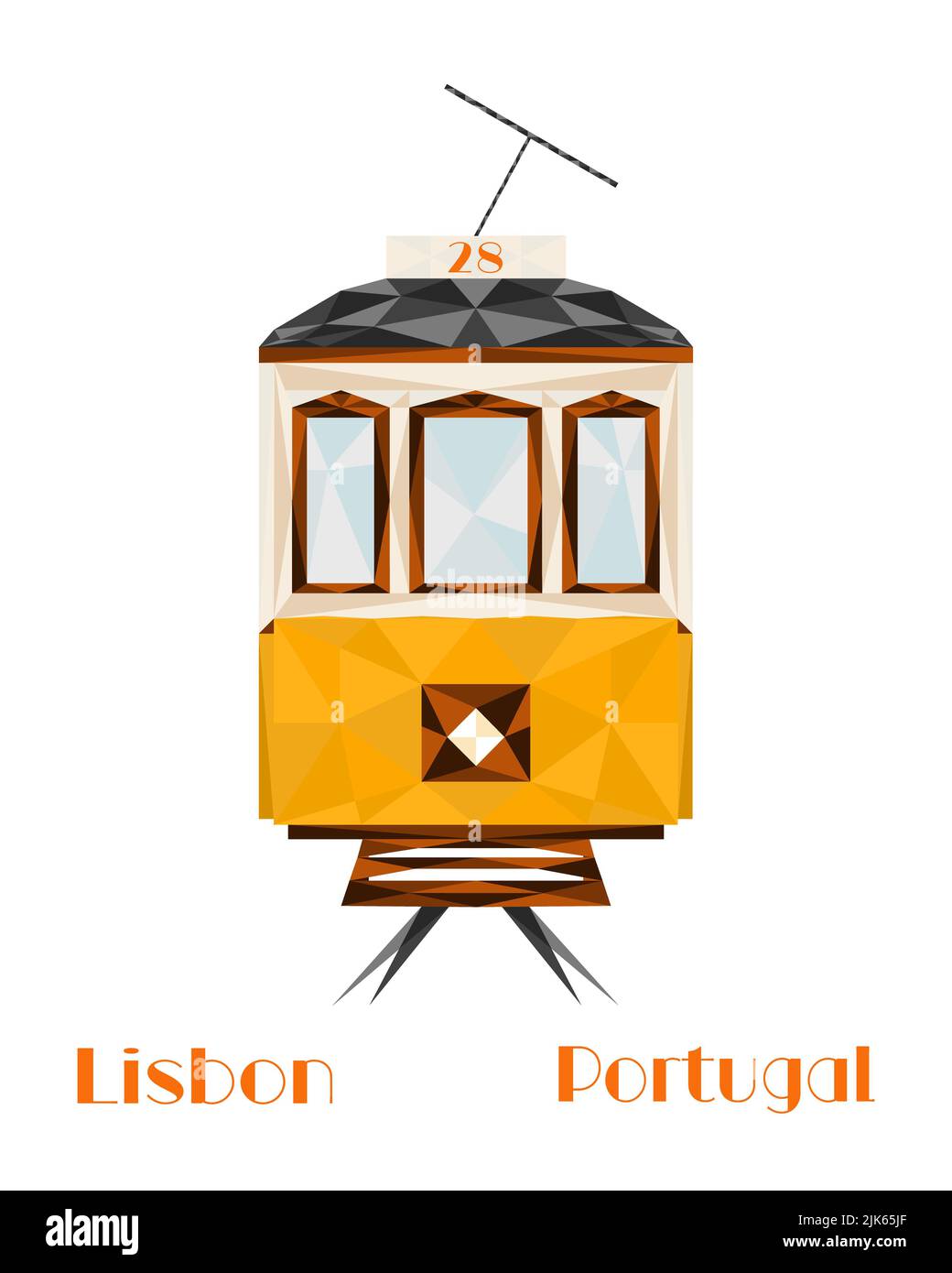 Lissabon, Hauptstadt von Portugal. Ikonische gelbe Lissabonner Straßenbahn. Reise- und Tourismus-Illustration, modernes Low-Poly-Design. Stockfoto