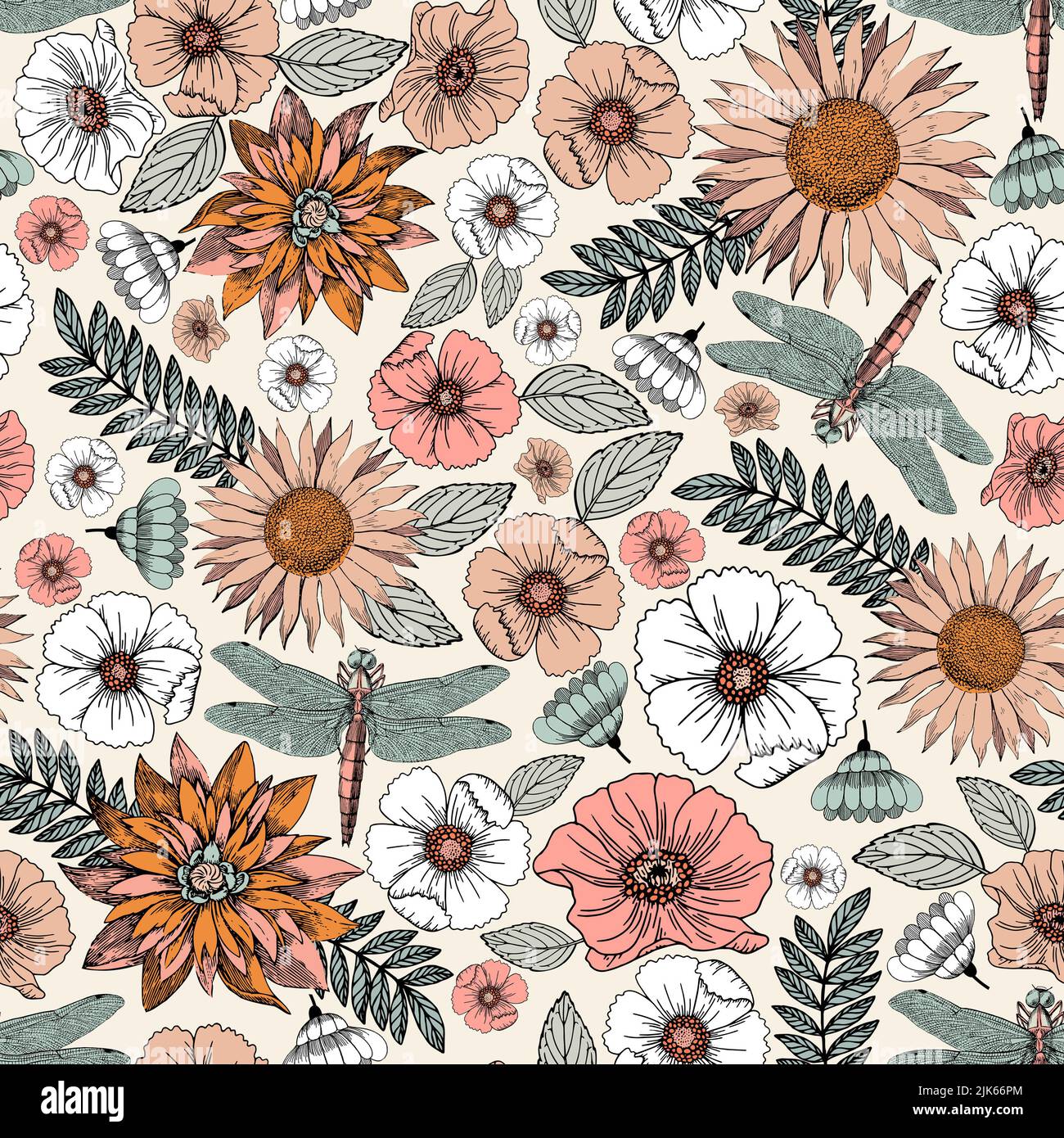 Boho Flowers & Libone - Nahtloses, Sich Wiederholendes Muster Stockfoto