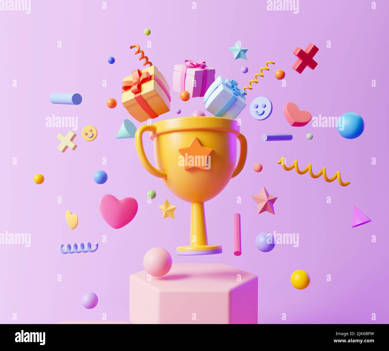 3D Trophy Cup mit schwebendem Geschenk, Herz und geometrischen Formen auf purpurem Hintergrund, Feier-, Sieger-, Champion- und Belohnungskonzept. 3D Abbildung Stockfoto
