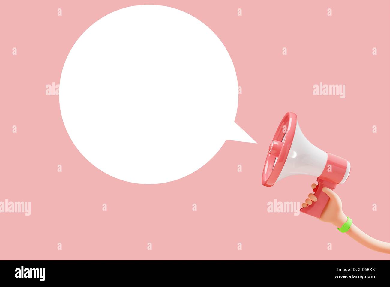 Cartoon flexible Hand hält Megaphon auf rosa Hintergrund mit Kopierraum. 3D Abbildung Stockfoto