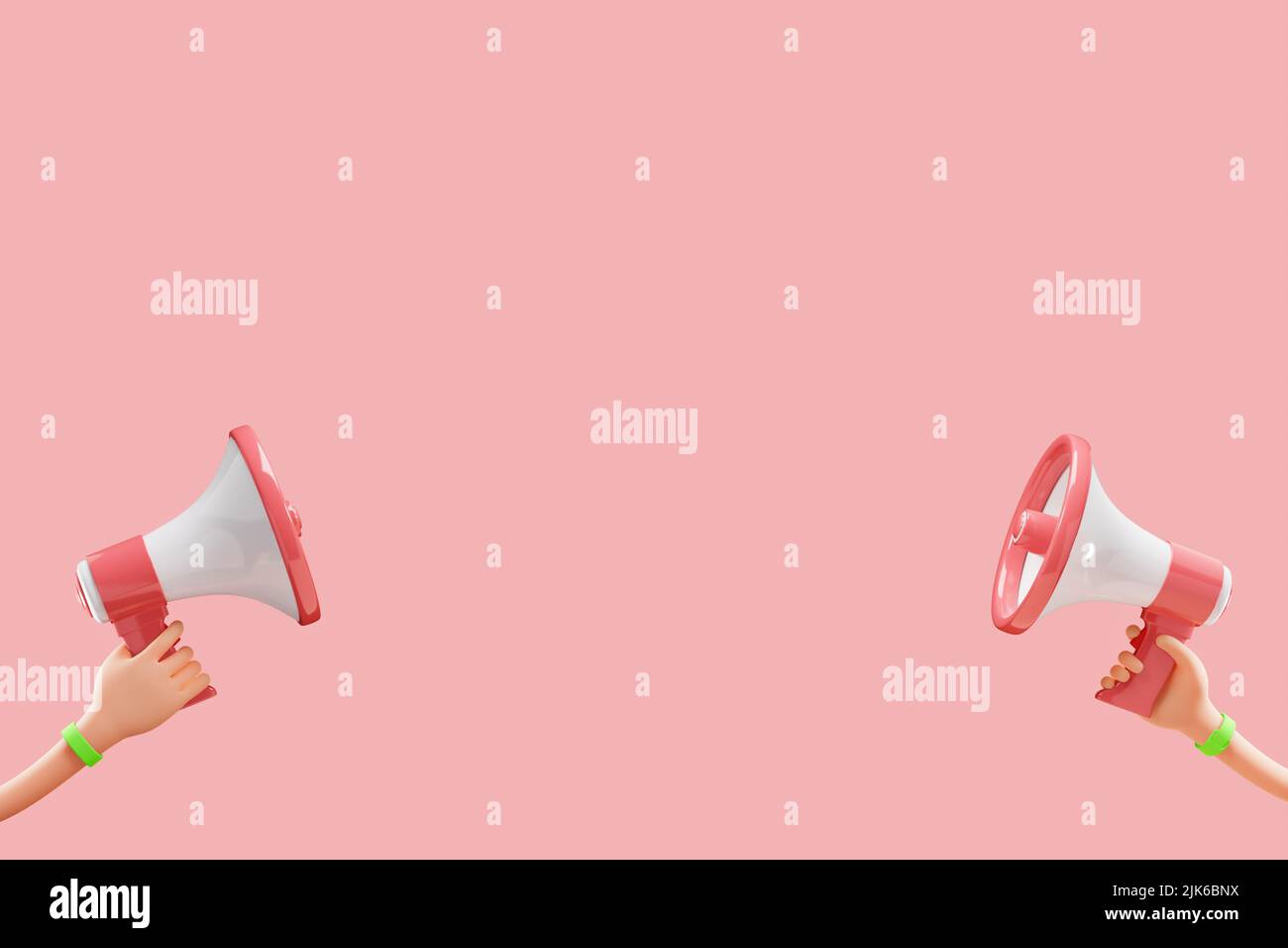 Cartoon flexible Hand hält Megaphon auf rosa Hintergrund mit Kopierraum. 3D Abbildung Stockfoto