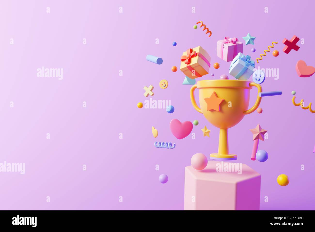 3D Trophy Cup mit schwebendem Geschenk, Herz und geometrischen Formen auf purpurem Hintergrund, Feier-, Sieger-, Champion- und Belohnungskonzept. 3D Abbildung Stockfoto