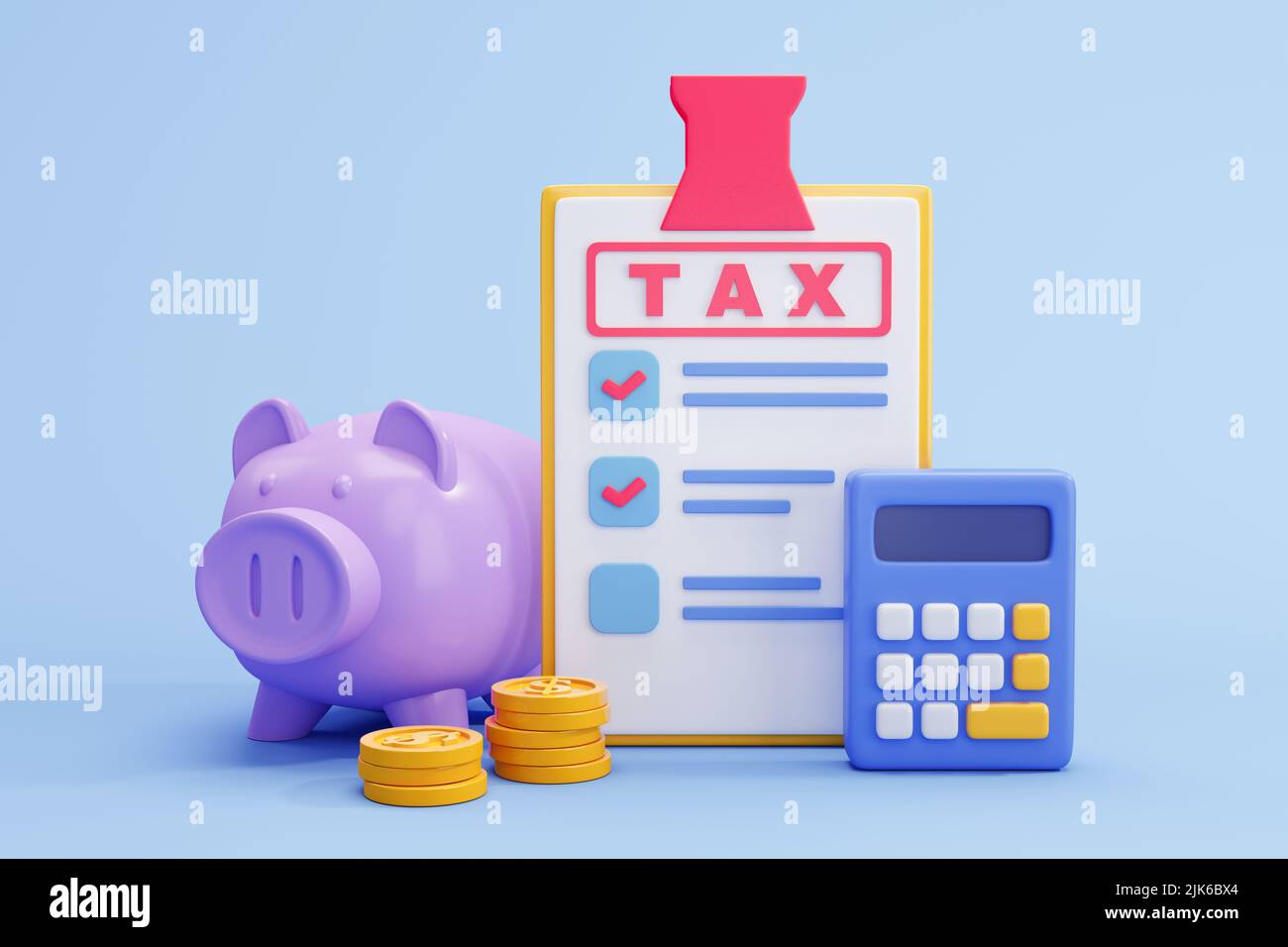 Steuerzahlung und Geschäftskonzept. Sparschwein, Rechner und Steuerformular auf blauem Hintergrund. 3D Abbildung Stockfoto